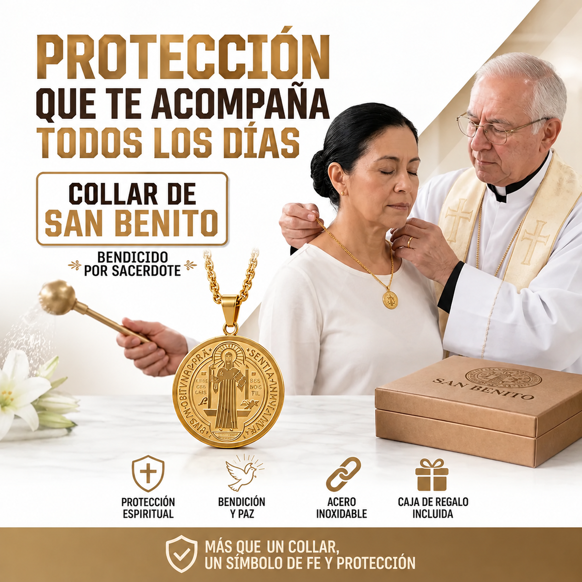 Cadena Medalla San Benito Protector 18 Kilates